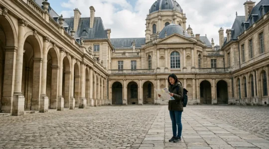 International student with map exploring a grand French university courtyard