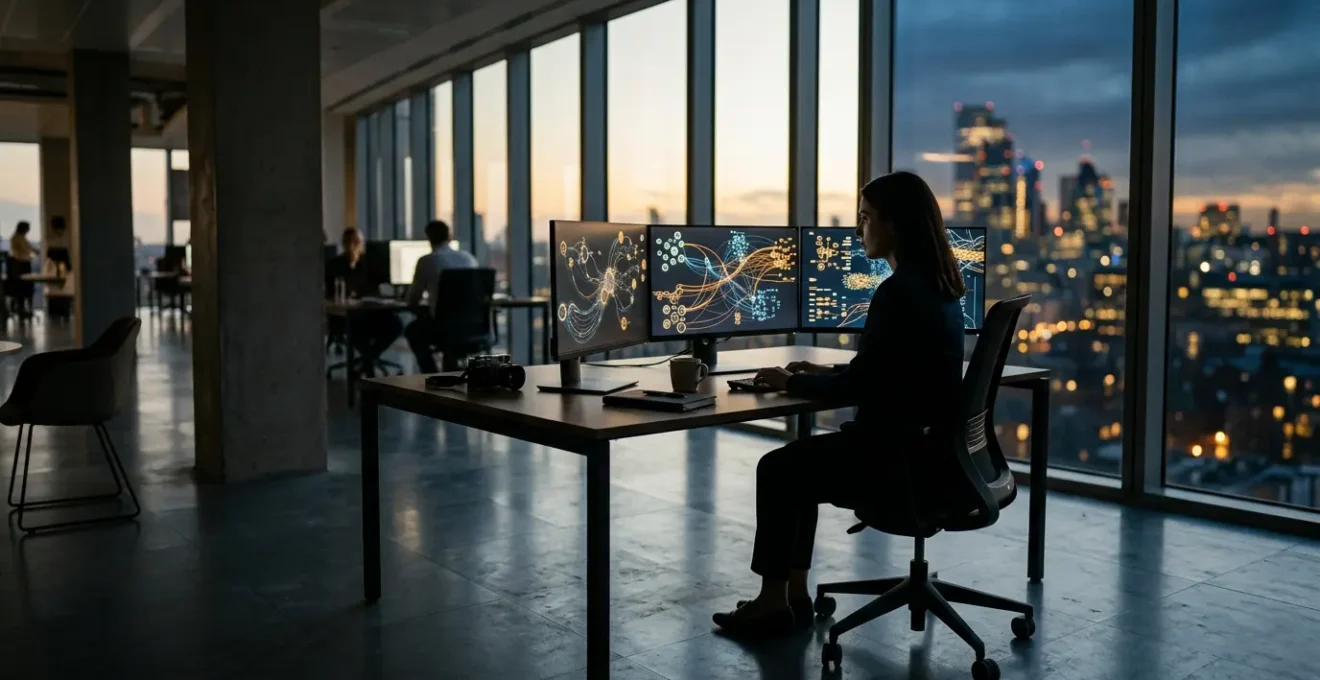 Investigative journalist analyzing digital connections in modern workspace