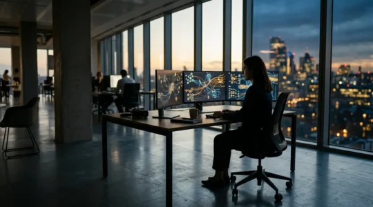 Investigative journalist analyzing digital connections in modern workspace