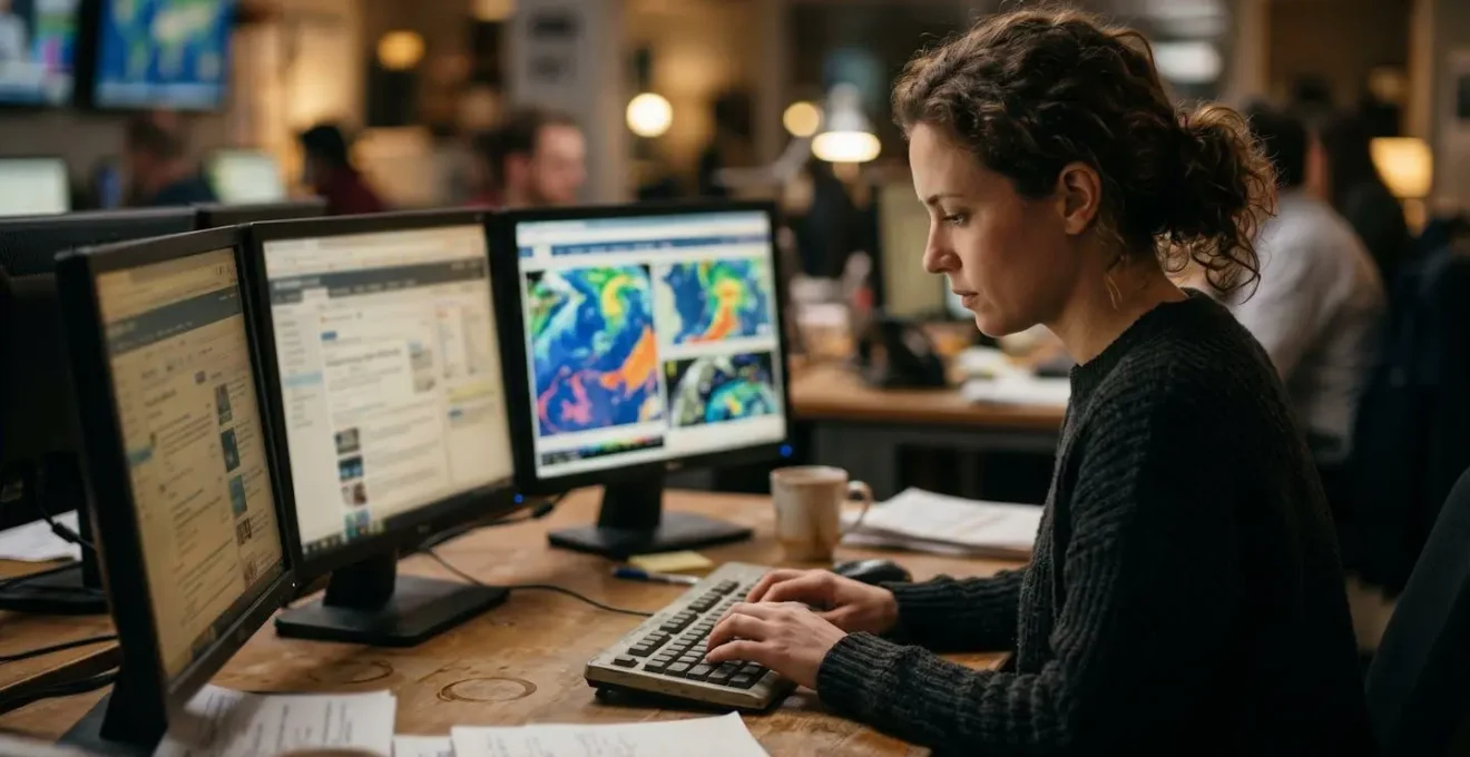 Journalist at work station with multiple information sources displayed for verification and fact-checking