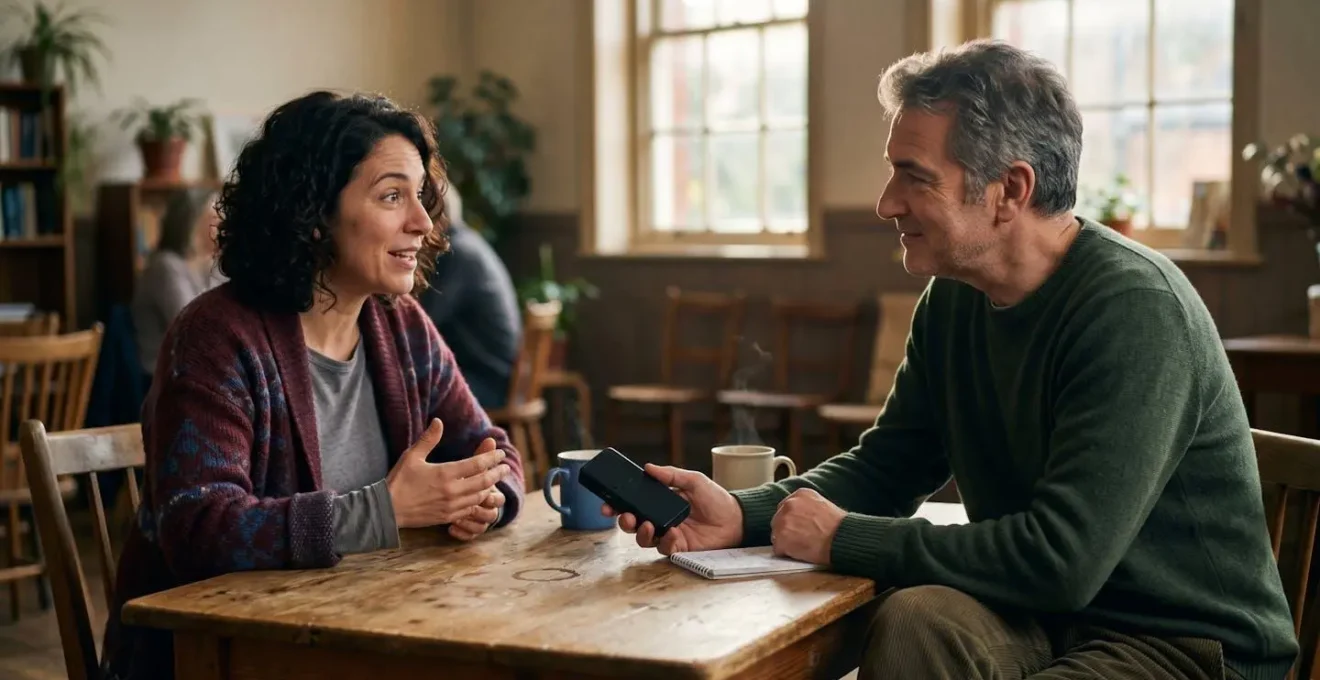 Journalist conducting empathetic interview with community member