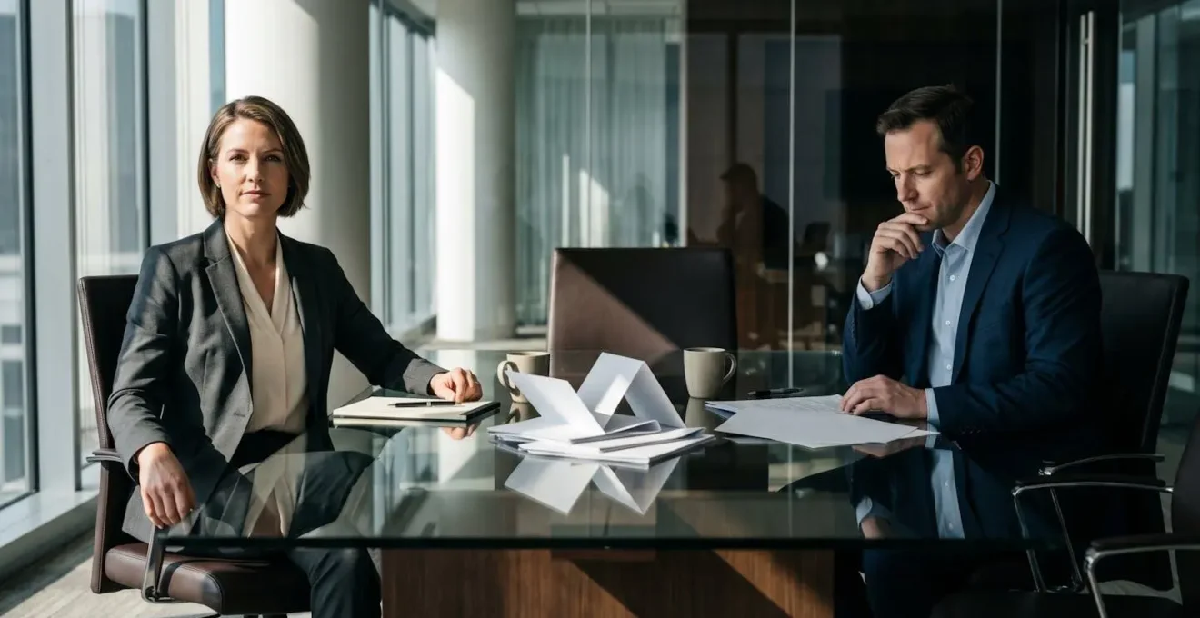 Professional negotiation scene between journalist and editor in modern office