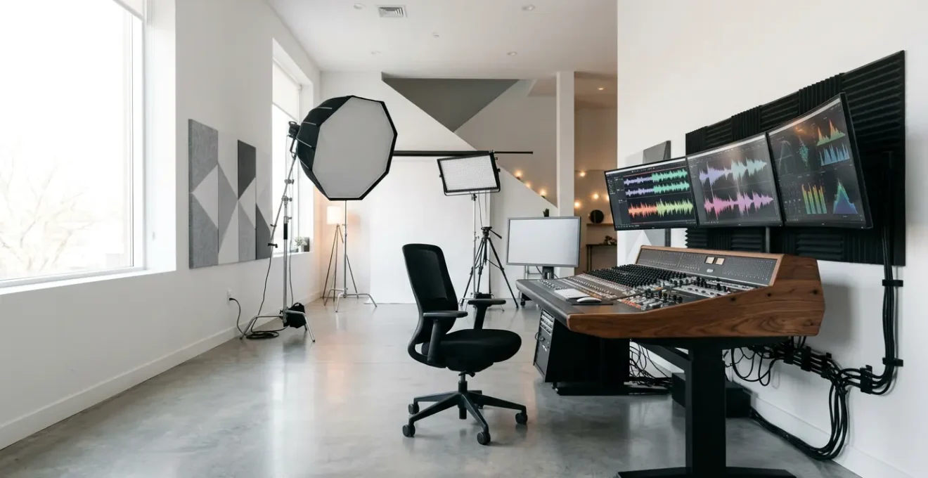 Technical production setup with professional equipment and creative workspace