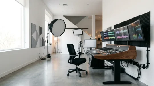Technical production setup with professional equipment and creative workspace