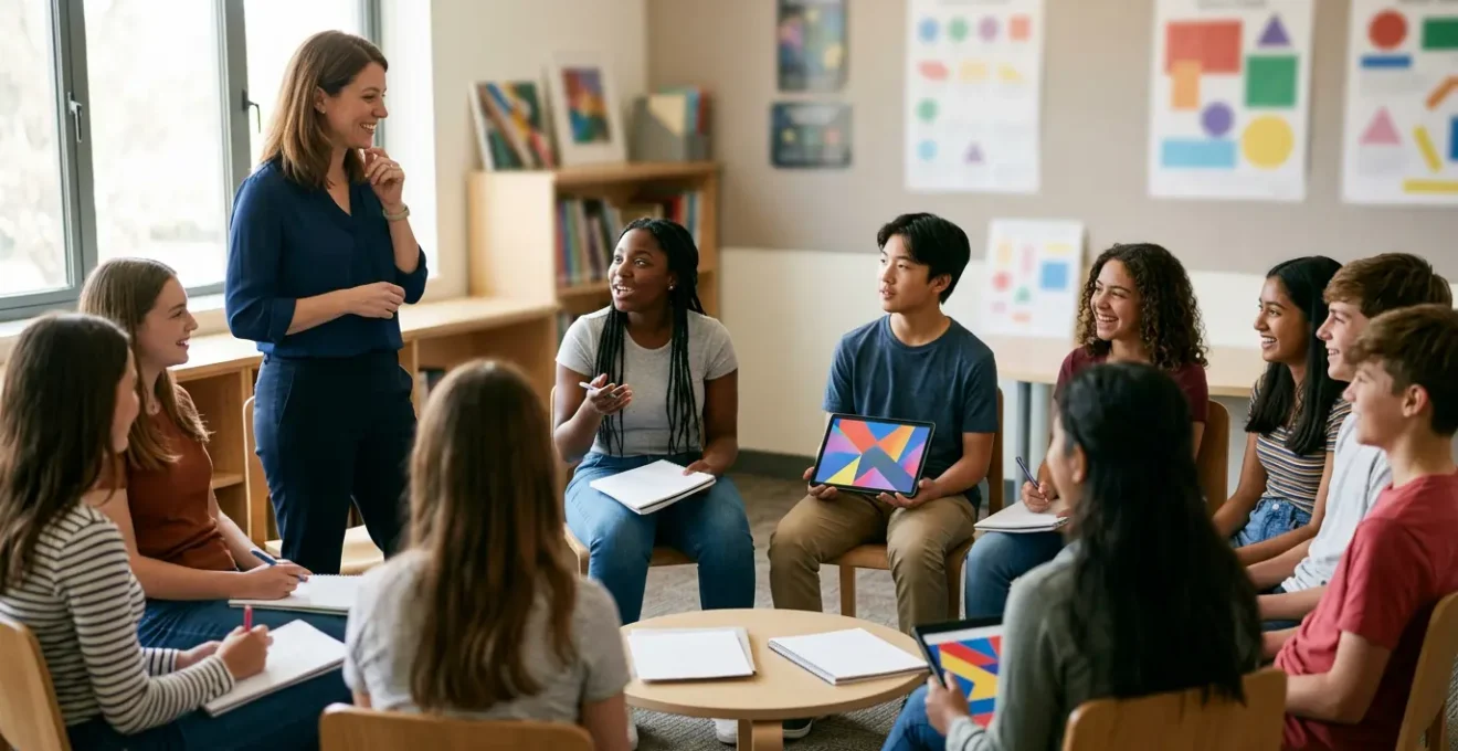 Teacher and diverse teenage students actively discussing media content on tablets in modern classroom setting