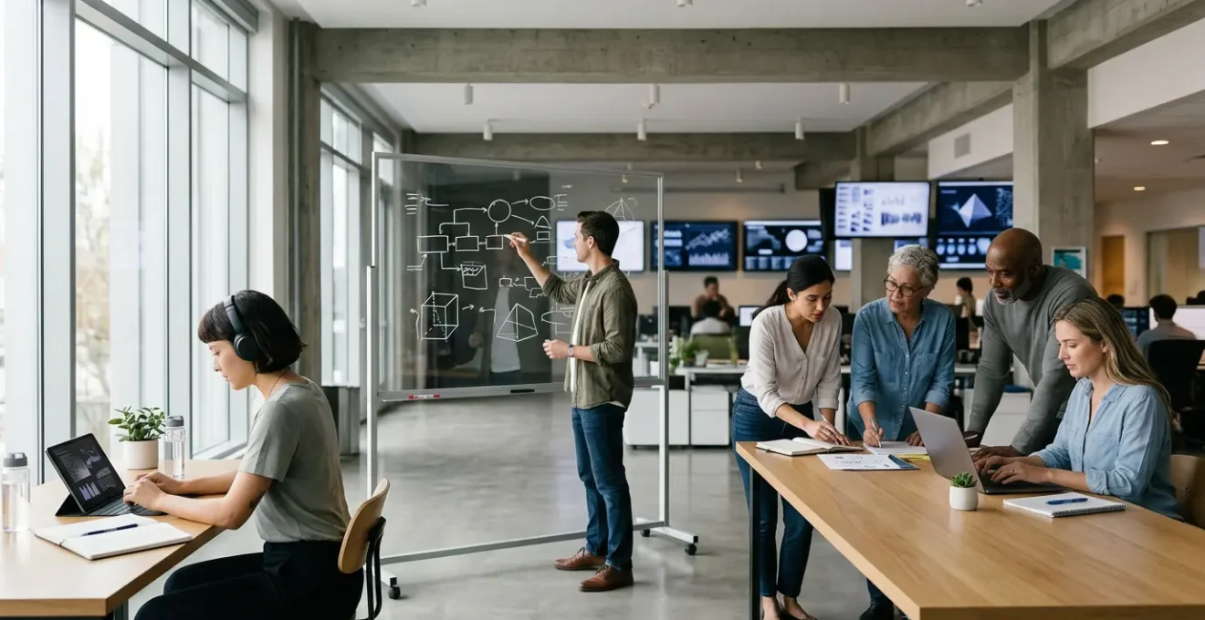 Media professional engaged in multi-platform learning with various digital tools and resources