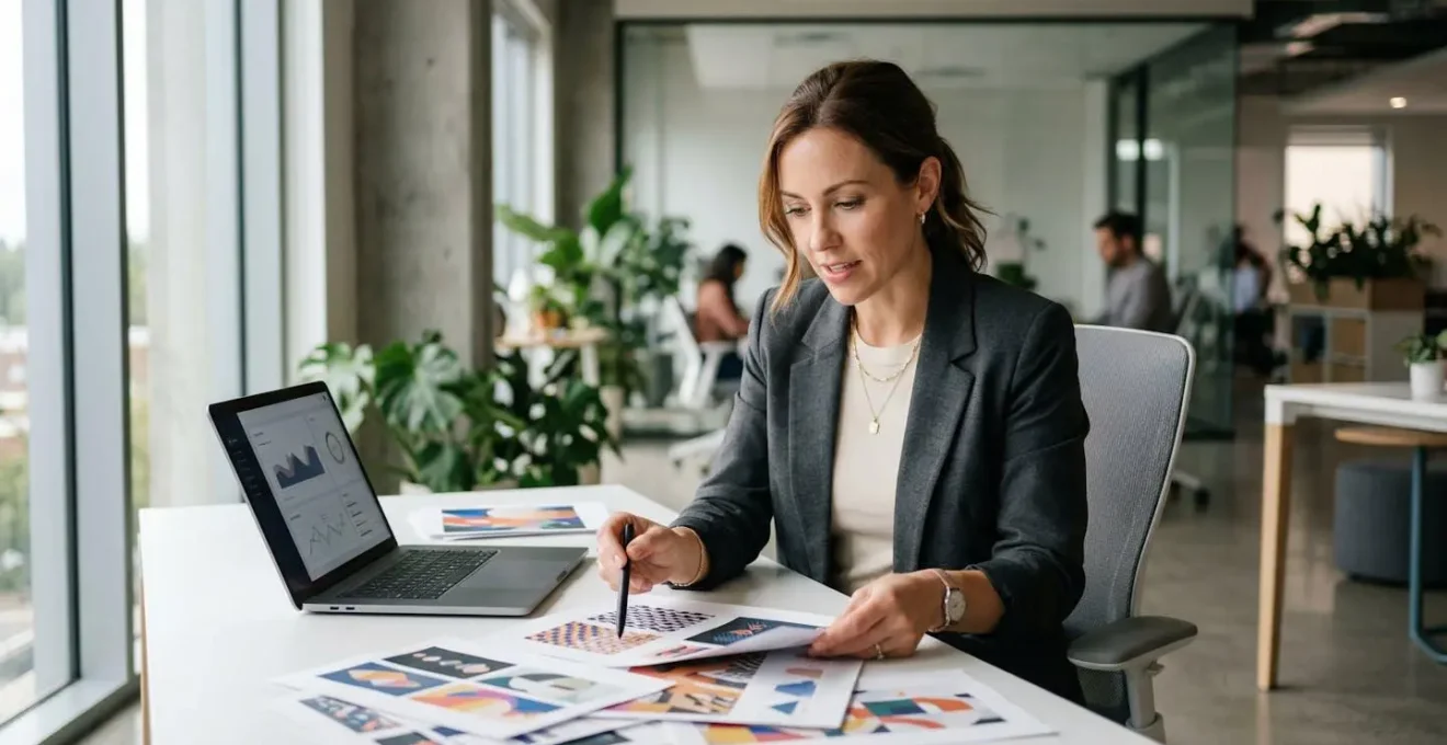 Professional recruiter examining multimedia portfolio documents in modern office space