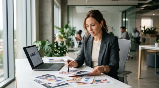 Professional recruiter examining multimedia portfolio documents in modern office space