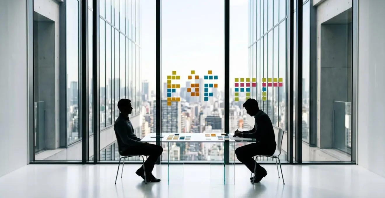 Two professionals collaborating over a project management board in a bright workspace