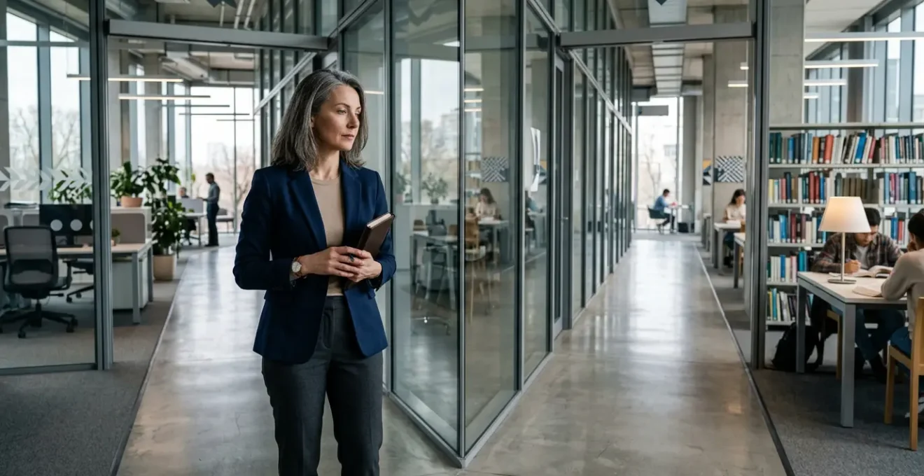 Thoughtful journalist at career crossroads contemplating executive education paths