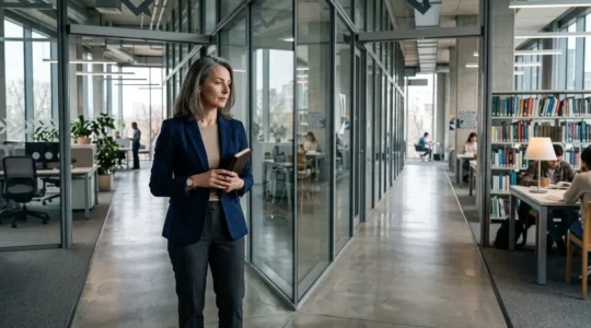 Thoughtful journalist at career crossroads contemplating executive education paths