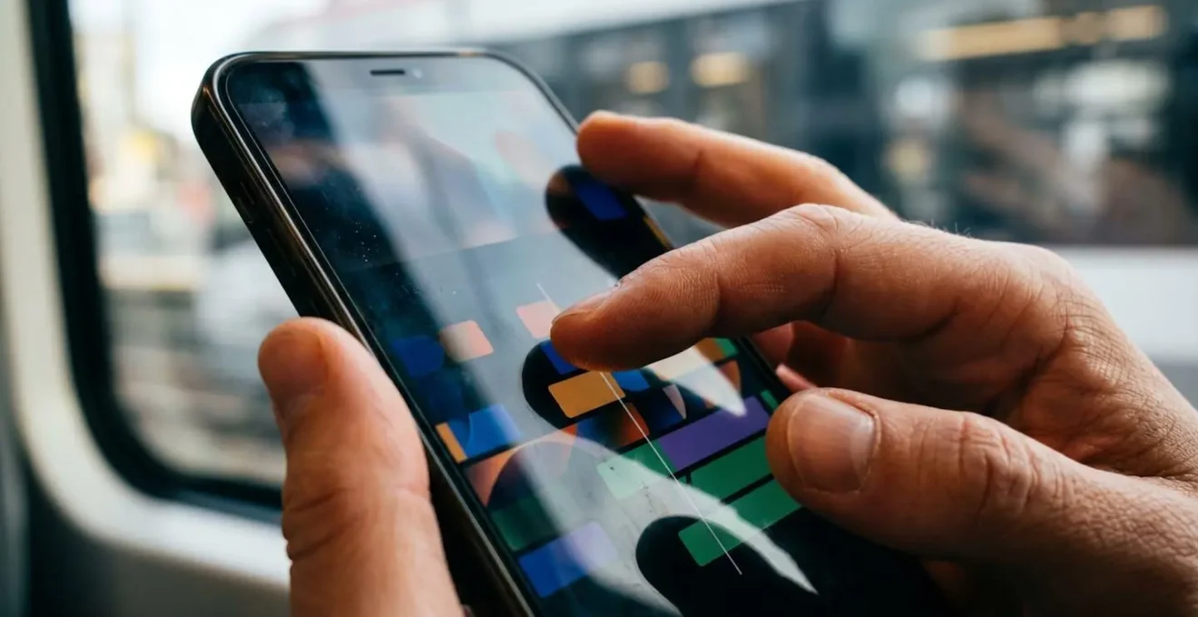 Professional editing a news package on smartphone during transit