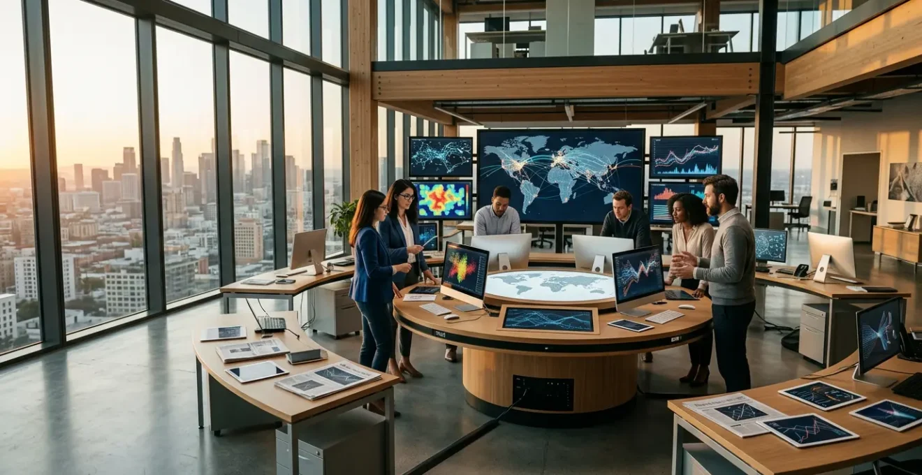 Modern newsroom with journalists using multiple screens displaying verification tools and global data streams