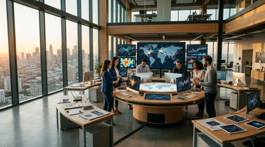 Modern newsroom with journalists using multiple screens displaying verification tools and global data streams