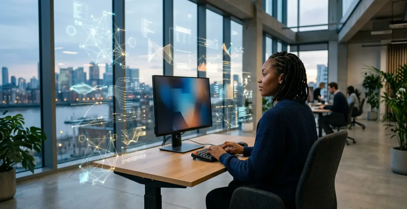 Modern journalist working with multiple technical tools and data visualization screens in contemporary newsroom