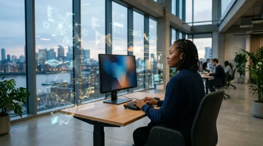 Modern journalist working with multiple technical tools and data visualization screens in contemporary newsroom