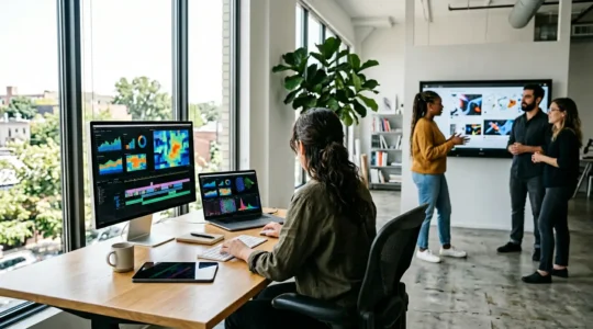 Editorial photograph showing a creative workspace with narrative elements