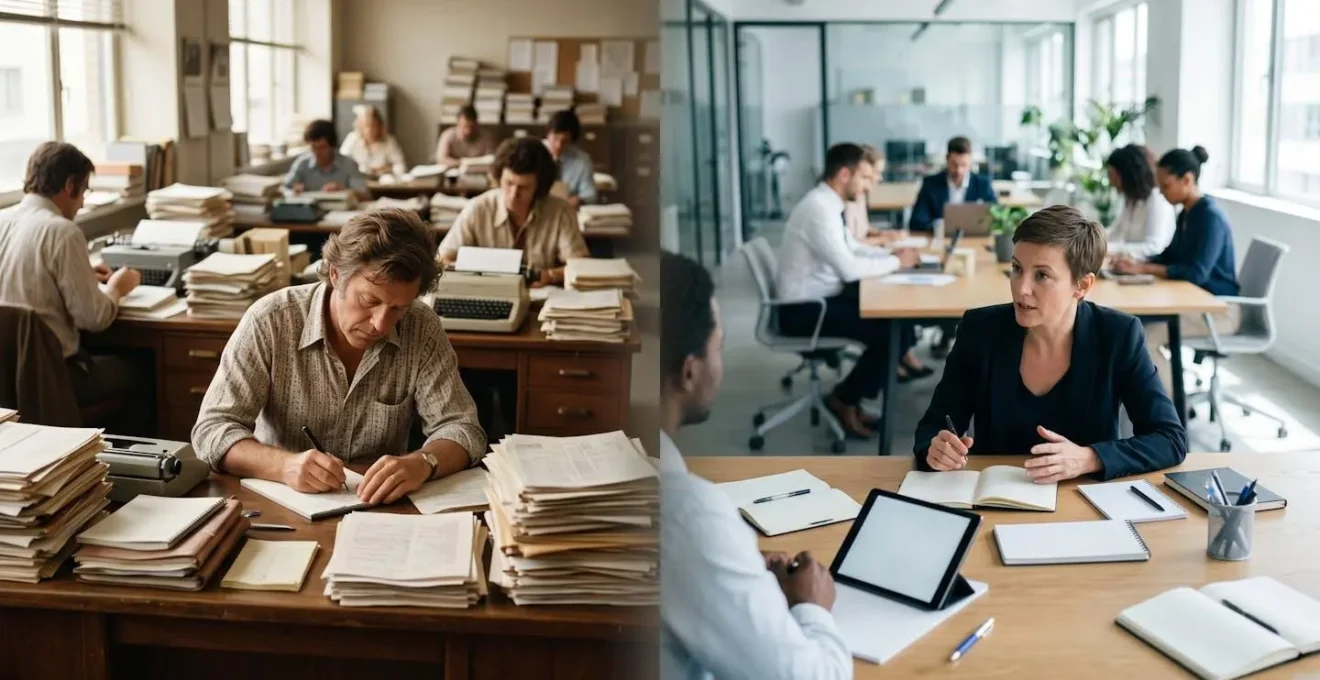 Split composition showing traditional newsroom on left and modern corporate communications office on right