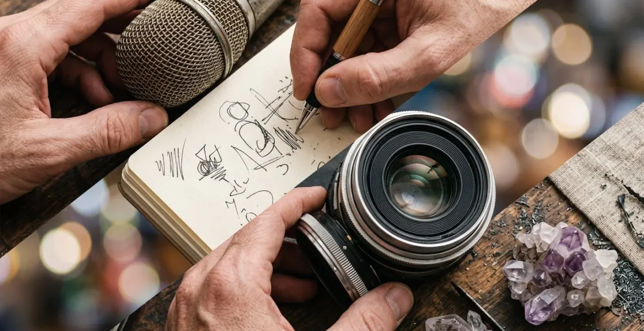 A close-up image showing various objects representing a media professional's assets, such as a microphone, notebook, and camera lens.