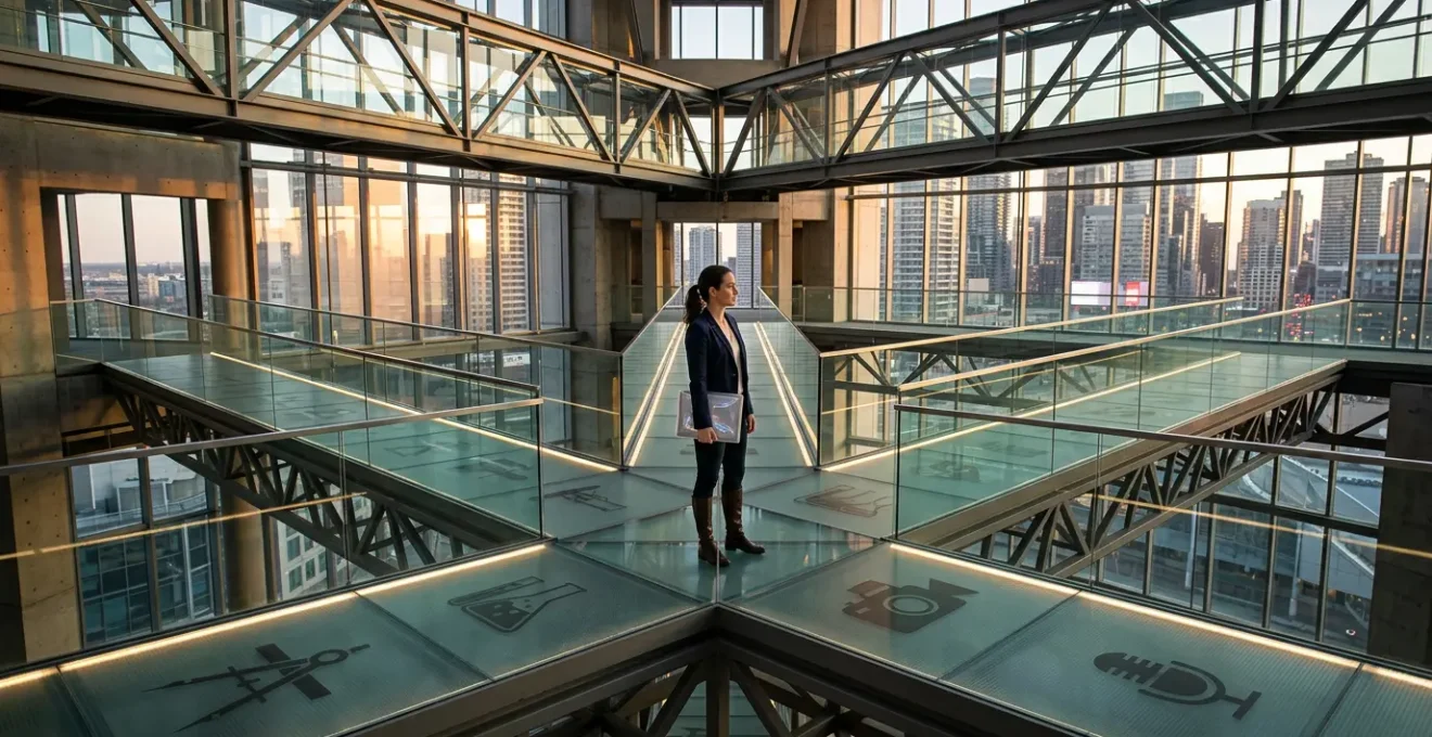 Professional at crossroads evaluating different vocational training options and career paths