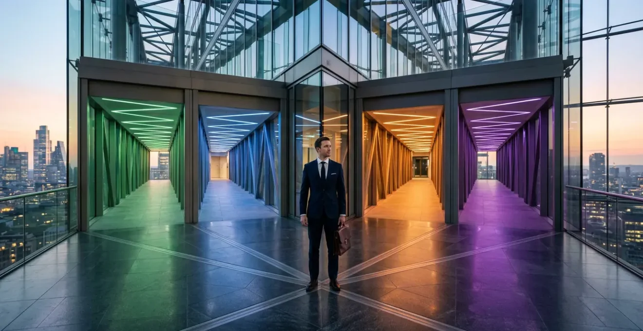 Professional standing at career crossroads with multiple specialized paths ahead