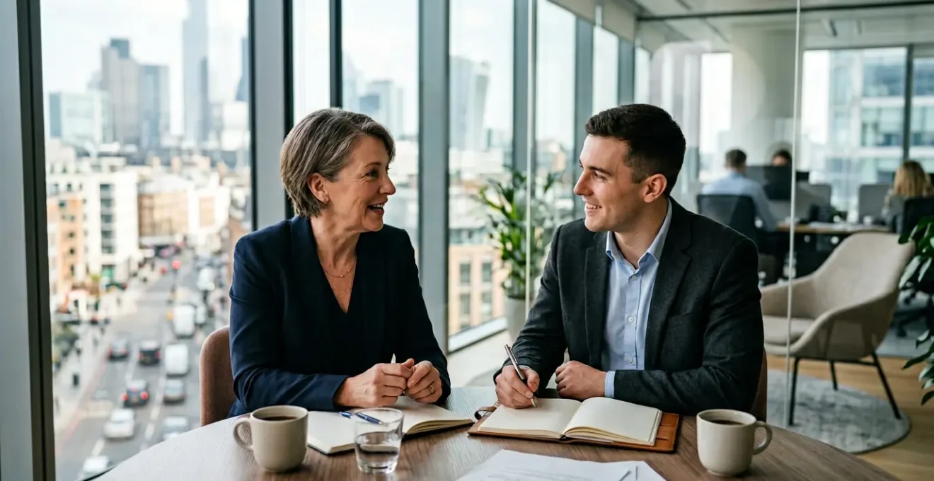 Senior executive and young professional engaged in mentorship discussion in modern office setting