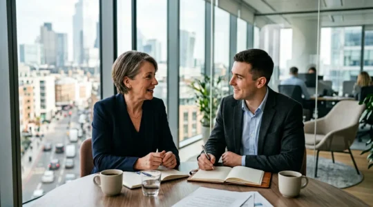 Senior executive and young professional engaged in mentorship discussion in modern office setting