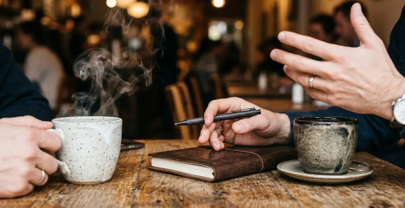 Two young professionals having an informal networking meeting in a coffee shop