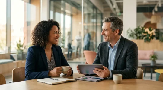 Professional networking scene in modern office environment