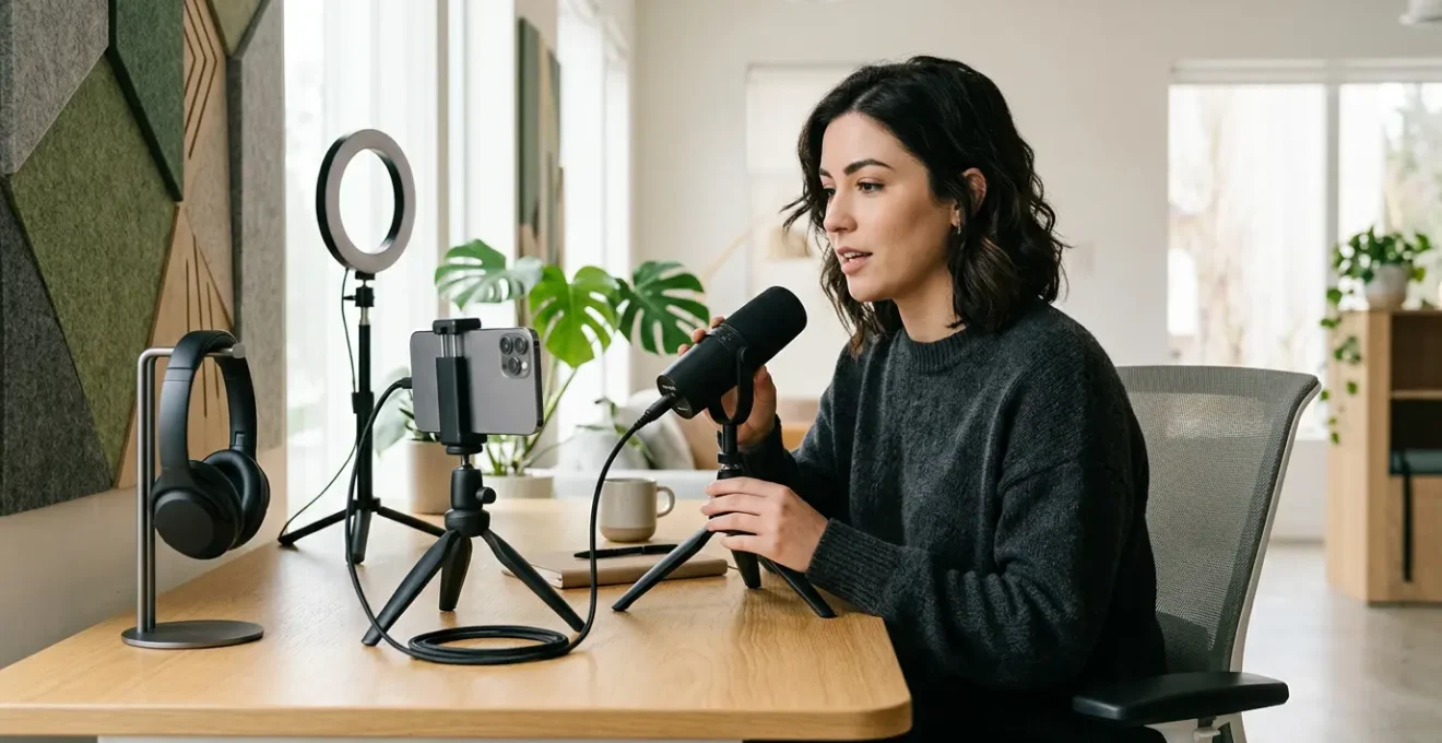 Creator recording a professional podcast using smartphone equipment in a modern co-working space