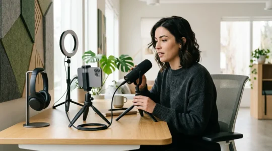 Creator recording a professional podcast using smartphone equipment in a modern co-working space