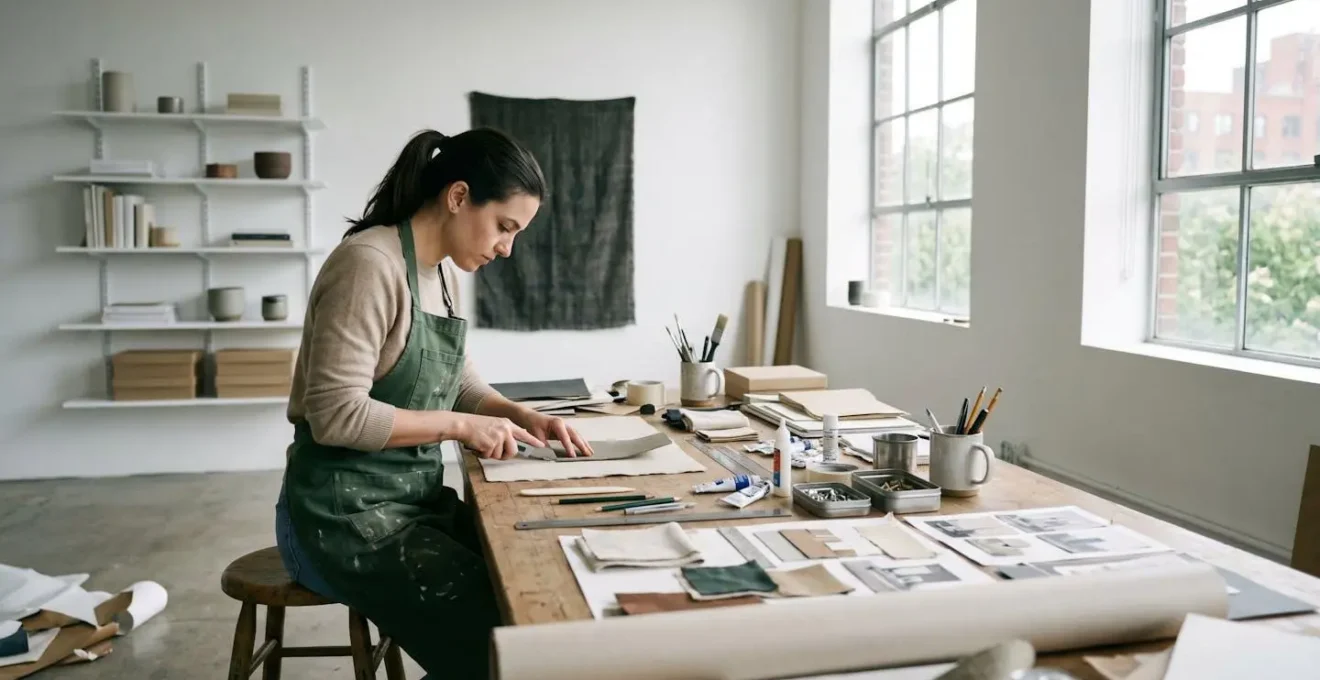 Person intensely focused on applying new skills in home studio workspace