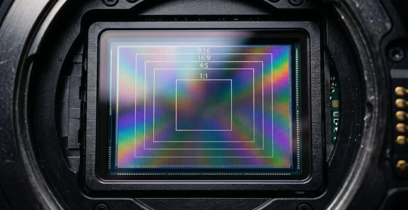 Camera viewfinder showing safe zone framing overlay for multi-aspect ratio recording