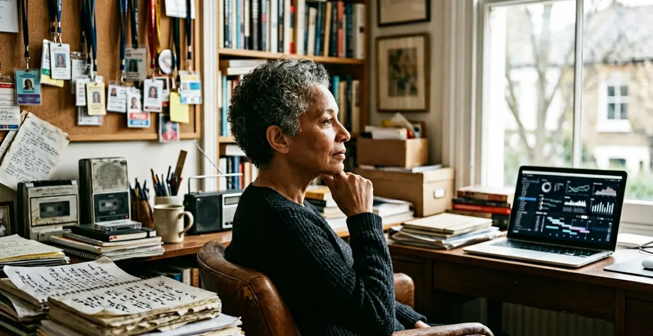 Veteran journalist in thoughtful contemplation surrounded by decades of work materials