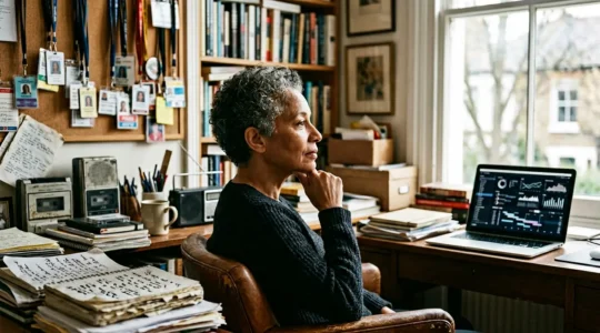 Veteran journalist in thoughtful contemplation surrounded by decades of work materials
