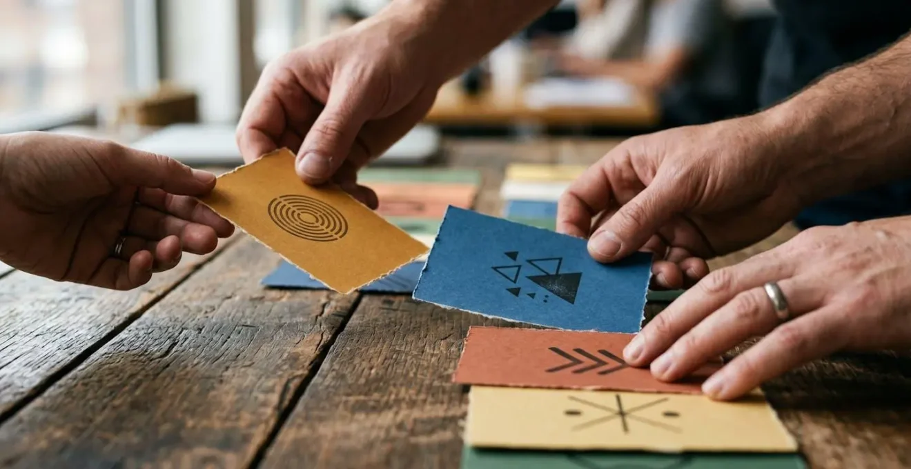 Close-up of hands arranging colorful paper cards on a wooden desk in a matrix pattern