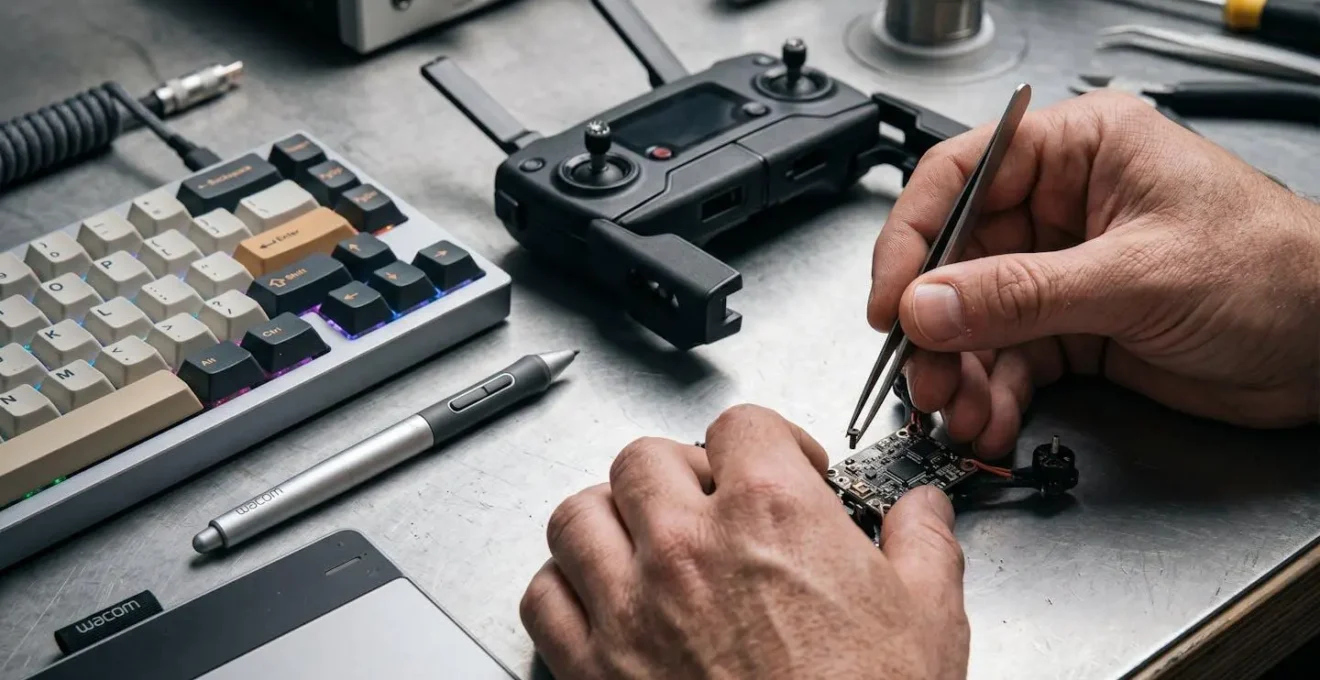 Professional worker with multiple specialized skill tools arranged around them
