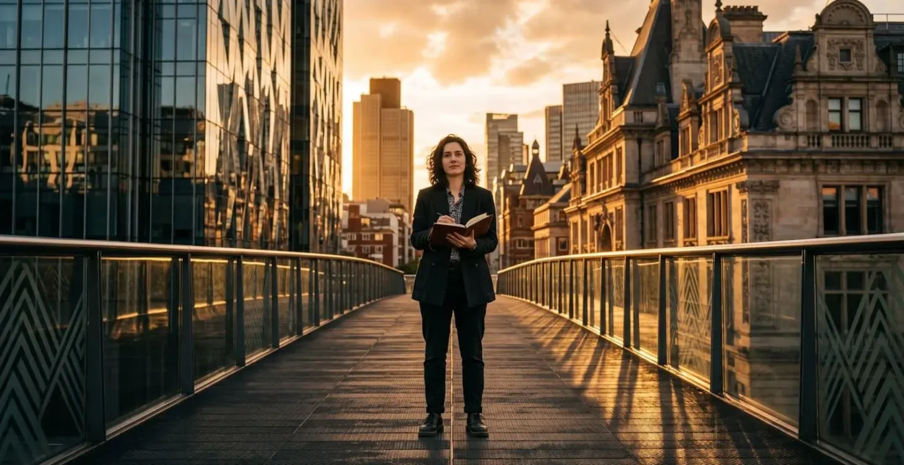 A young professional standing on a metaphorical bridge between two distinct cultural environments.