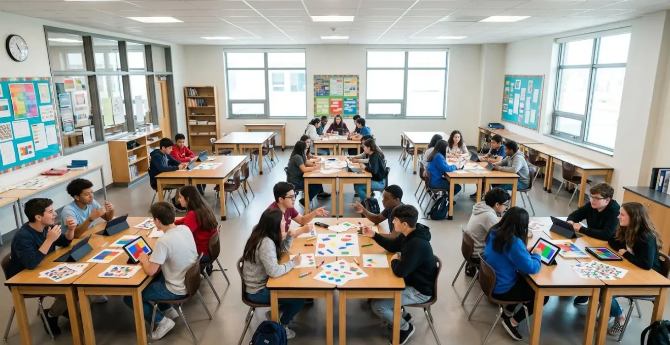 High school students working in small groups examining tablets during a media literacy workshop