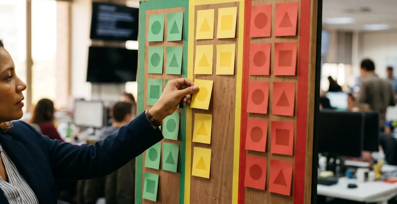 Professional team member updating a physical kanban board with colored cards in a bright office