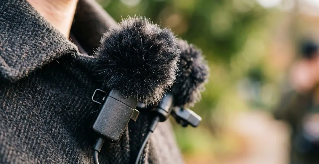 Two podcasters recording while walking outdoors with wireless microphone systems