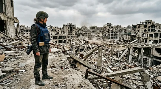 War correspondent with camera equipment documenting events in a challenging environment while maintaining professional composure