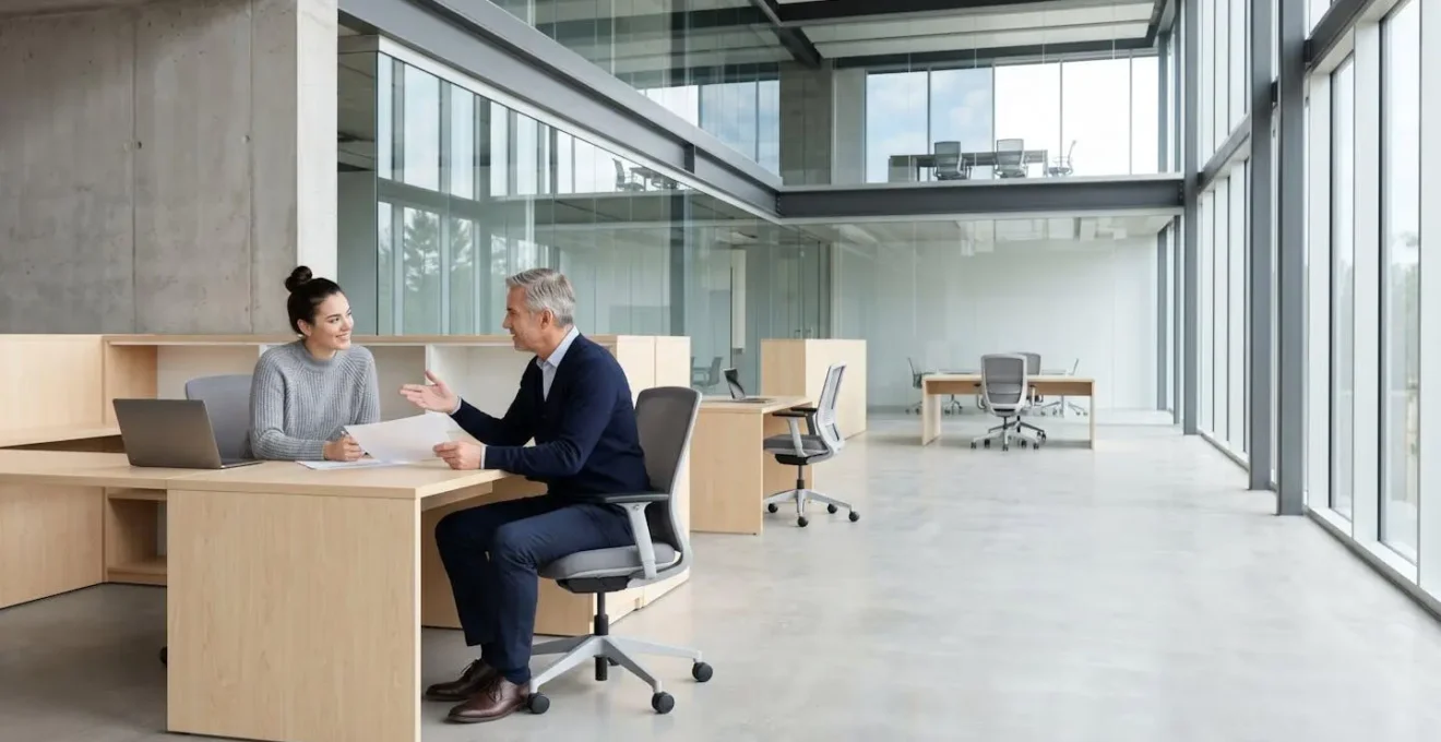 Student working alongside professionals in modern workplace setting