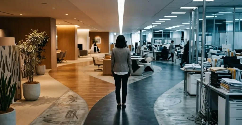 Professional at a symbolic crossroads representing career transition choices Professional at a symbolic crossroads representing career transition choices